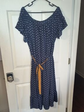 paper doll Navy Polka Dot Off-Shoulder Midi Dress with Mustard Tie Belt